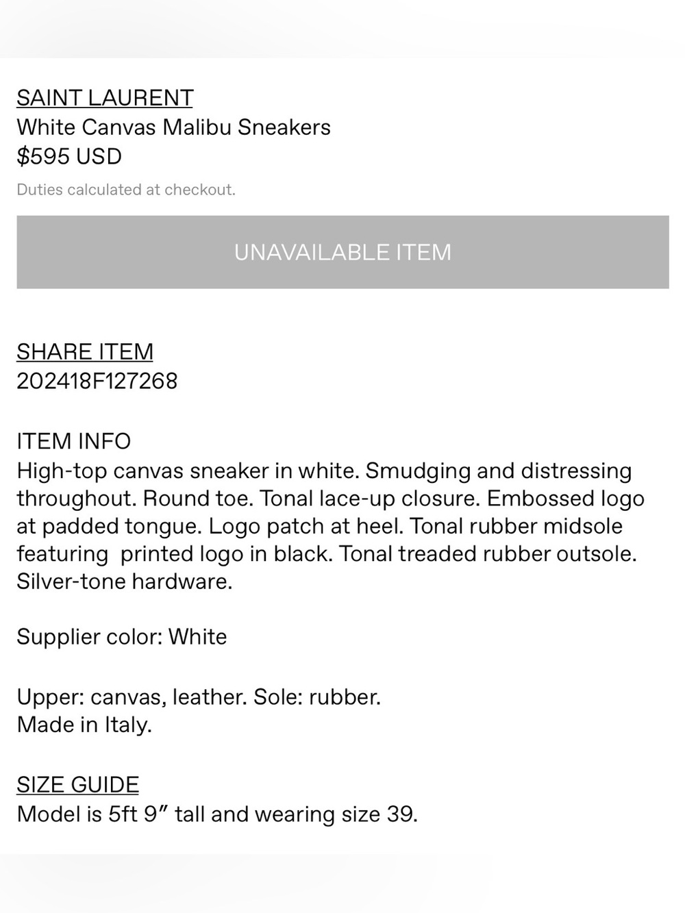 Saint Laurent white canvas Malibu sneakers - Picture 7 of 7